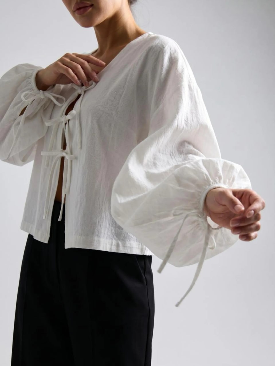 White Coquette Aesthetic Front Tie-Up Bow top with Balloon Sleeves