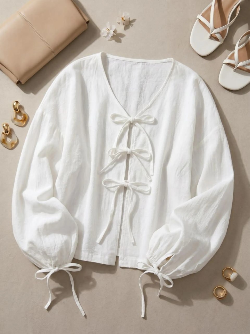 White Coquette Aesthetic Front Tie-Up Bow top with Balloon Sleeves