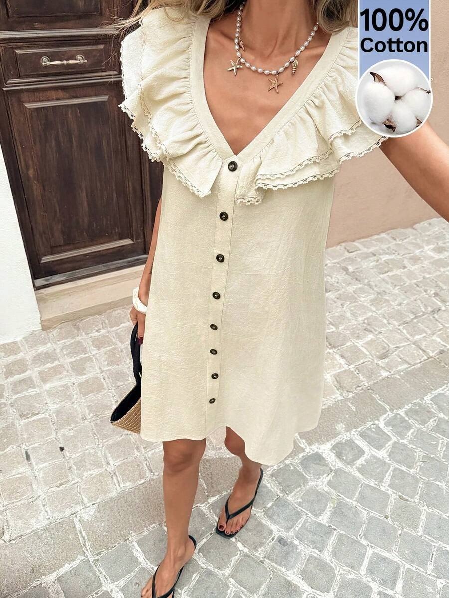 Butter yellow Button-Down Dress with Ruffled Statement Collar