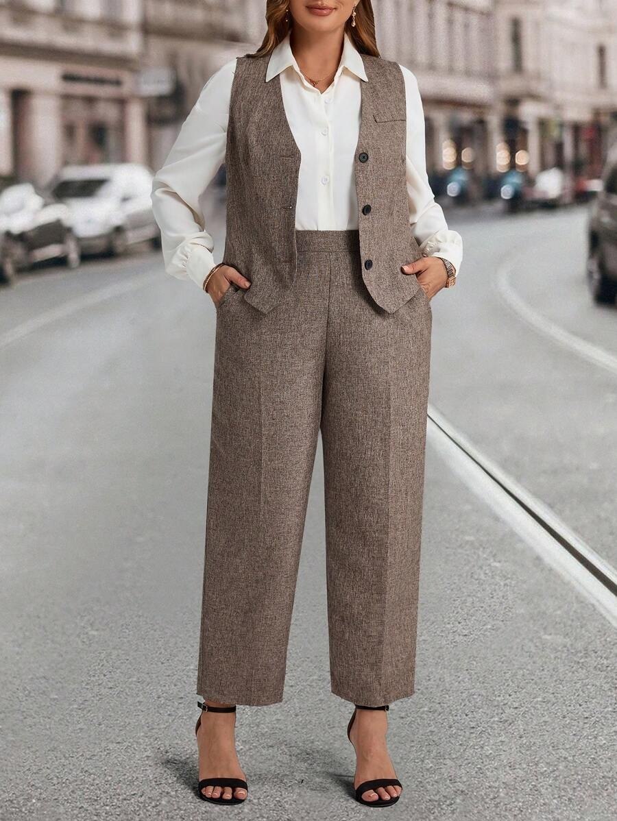 Brown Women's Formal Vest Coat & Wide-Leg Pants Co-ord Set