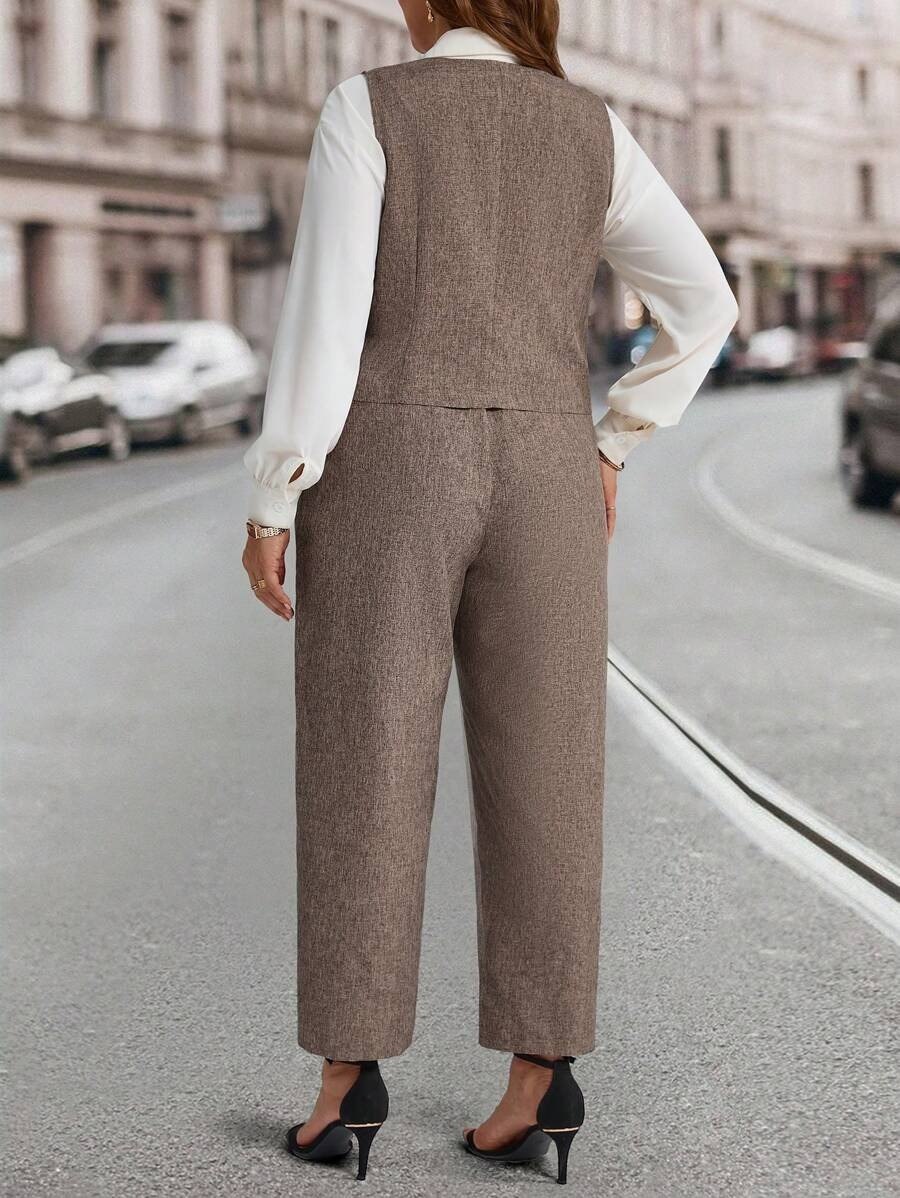 Brown Women's Formal Vest Coat & Wide-Leg Pants Co-ord Set
