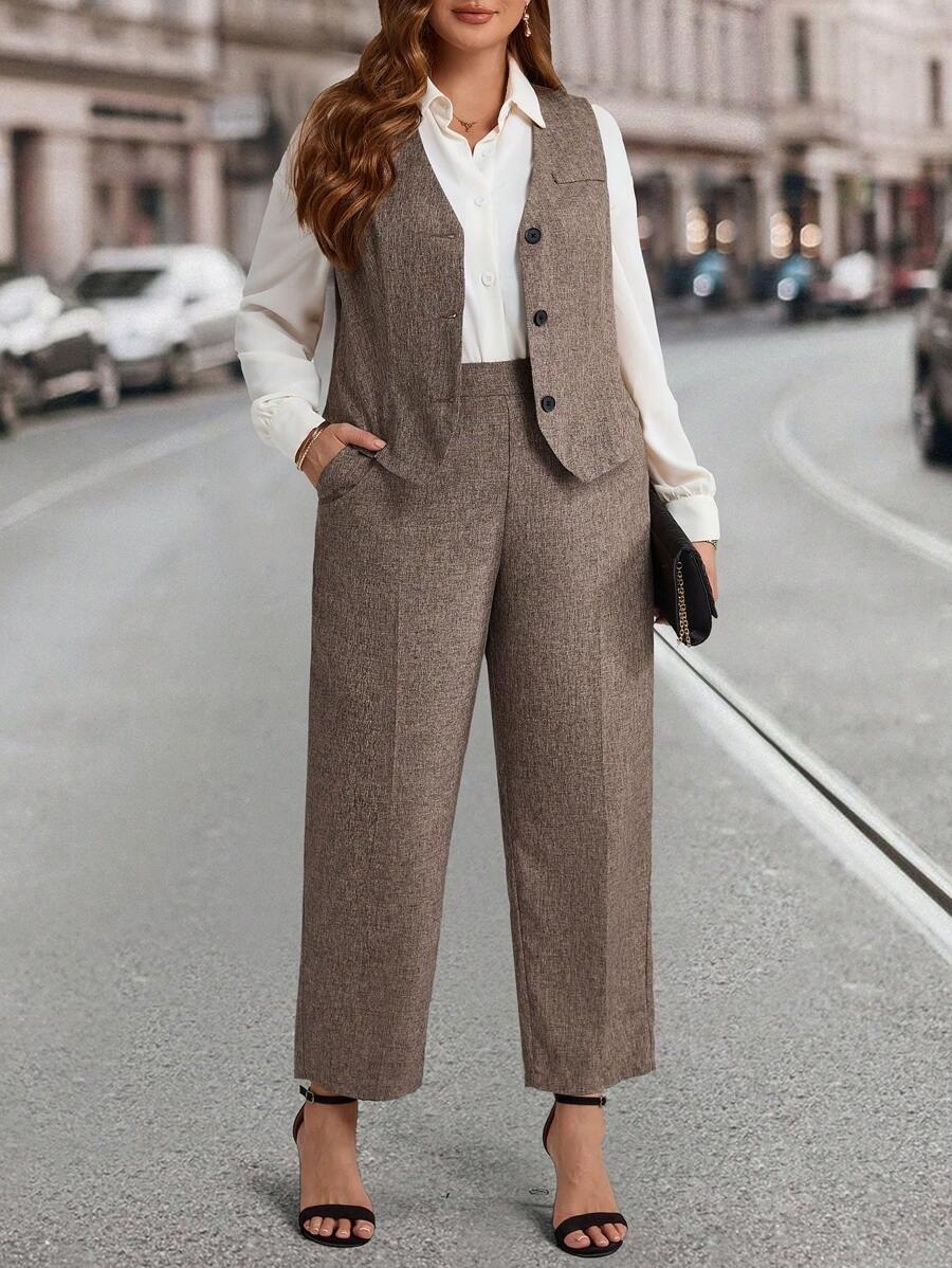 Brown Women's Formal Vest Coat & Wide-Leg Pants Co-ord Set