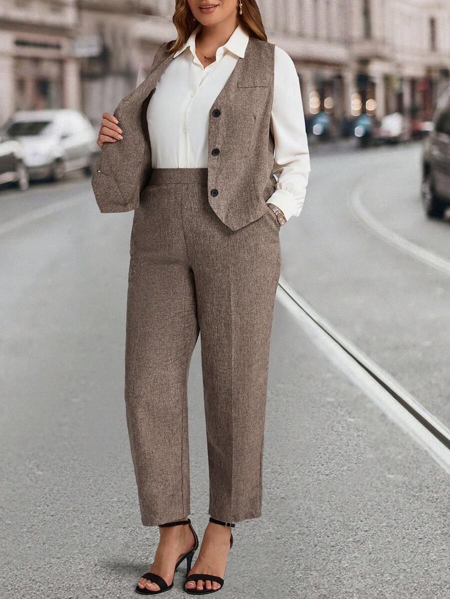 Brown Women's Formal Vest Coat & Wide-Leg Pants Co-ord Set