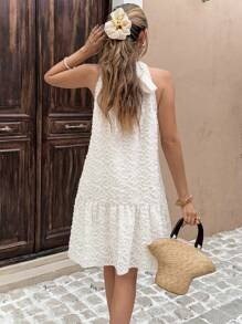 Off-White Floral Textured Halter Neck Dress with Back Bow