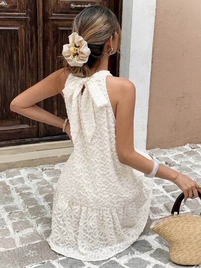 Off-White Floral Textured Halter Neck Dress with Back Bow