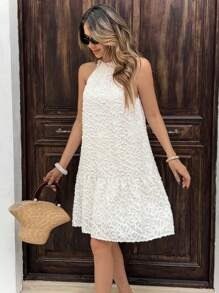 Off-White Floral Textured Halter Neck Dress with Back Bow