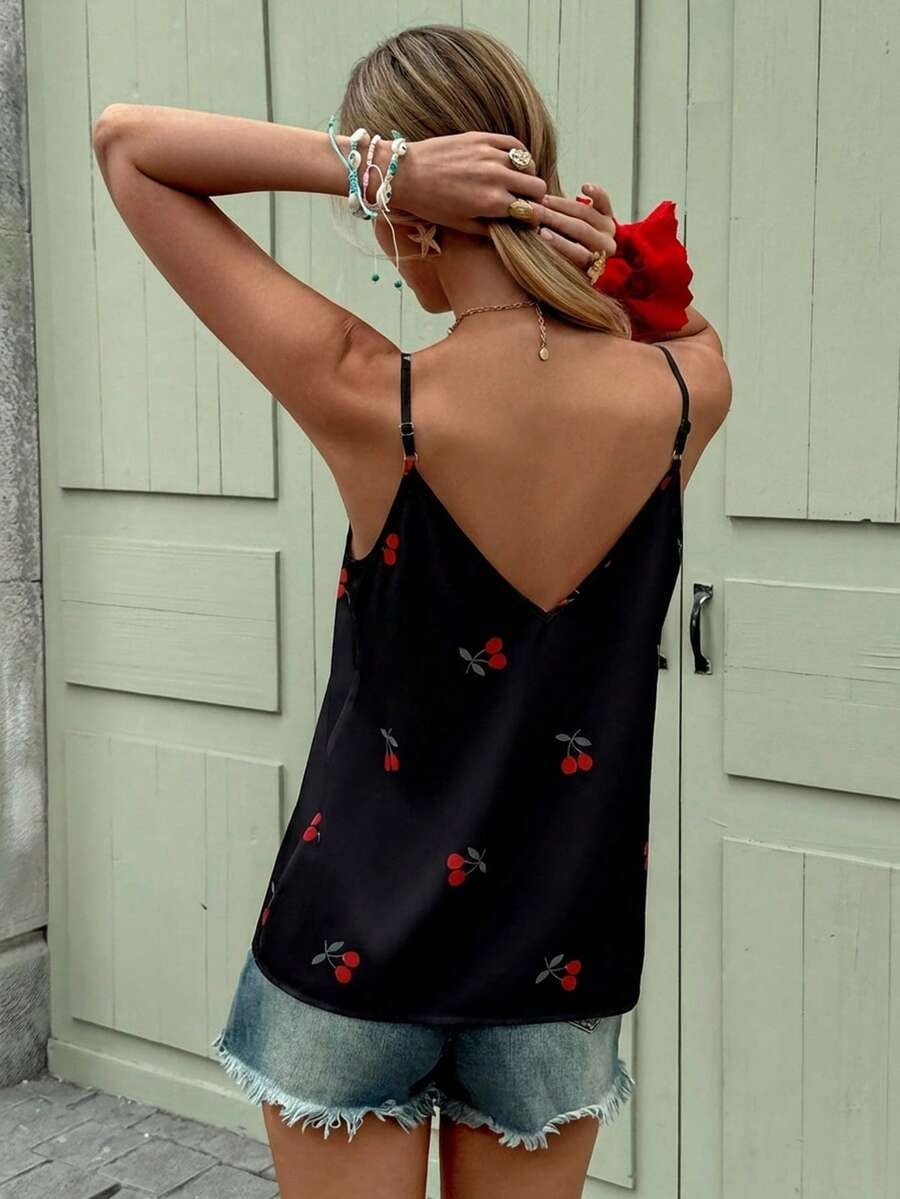 Black Satin Strappy Top with Cute Cherry Print
