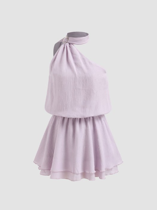 Lavender One-Shoulder Halter Neck Tiered Mini Dress