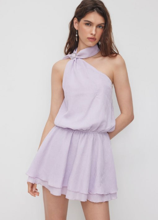 Lavender One-Shoulder Halter Neck Tiered Mini Dress