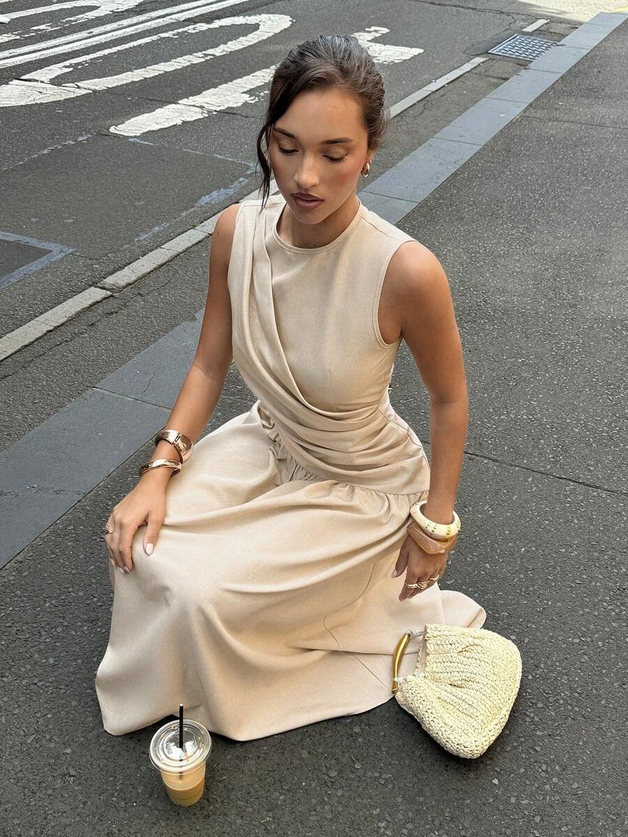 Beige Pleated Waist Sleeveless Elegant Midi Dress