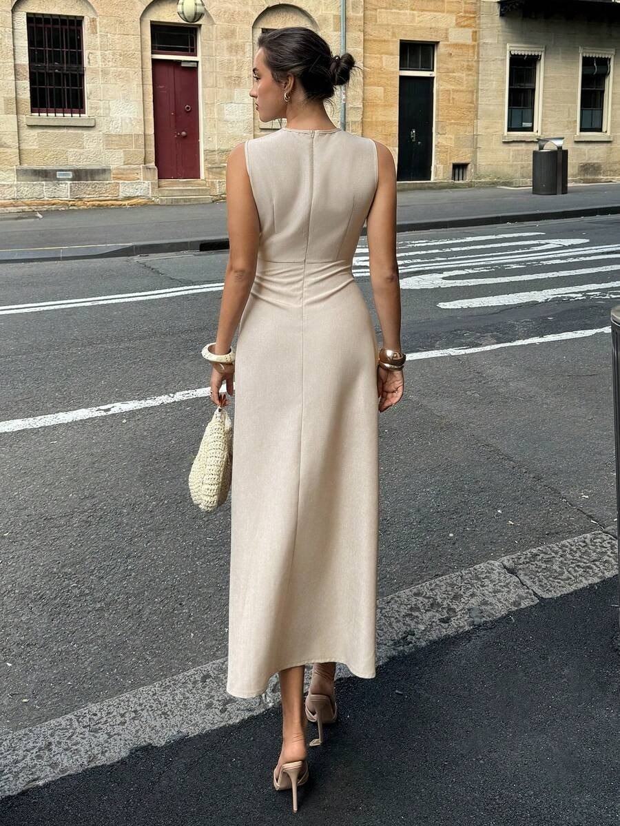 Beige Pleated Waist Sleeveless Elegant Midi Dress