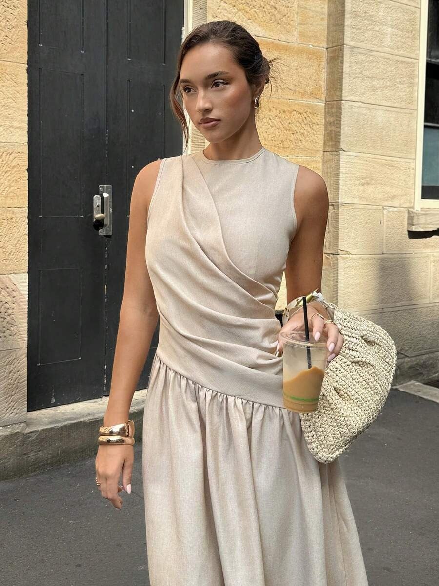 Beige Pleated Waist Sleeveless Elegant Midi Dress