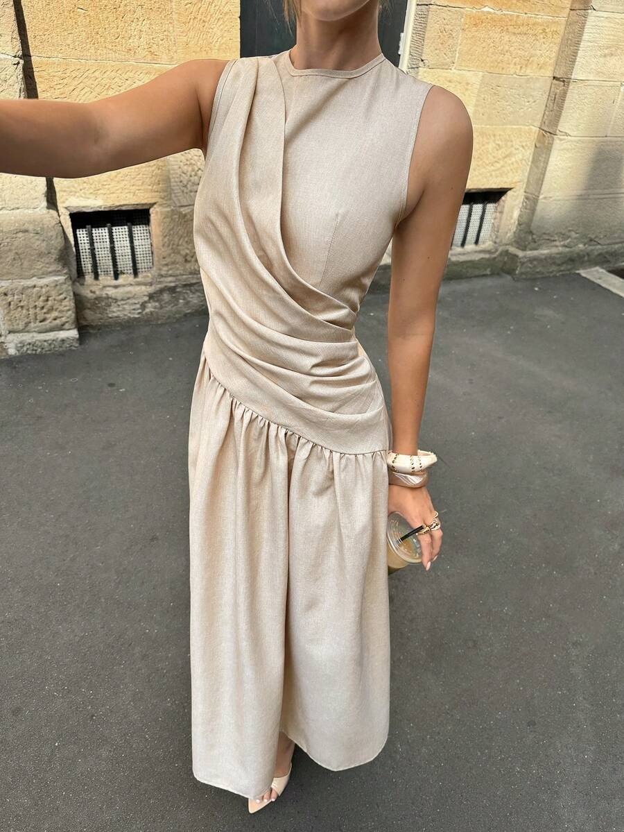 Beige Pleated Waist Sleeveless Elegant Midi Dress