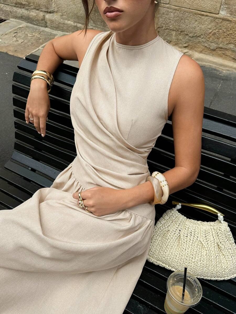 Beige Pleated Waist Sleeveless Elegant Midi Dress