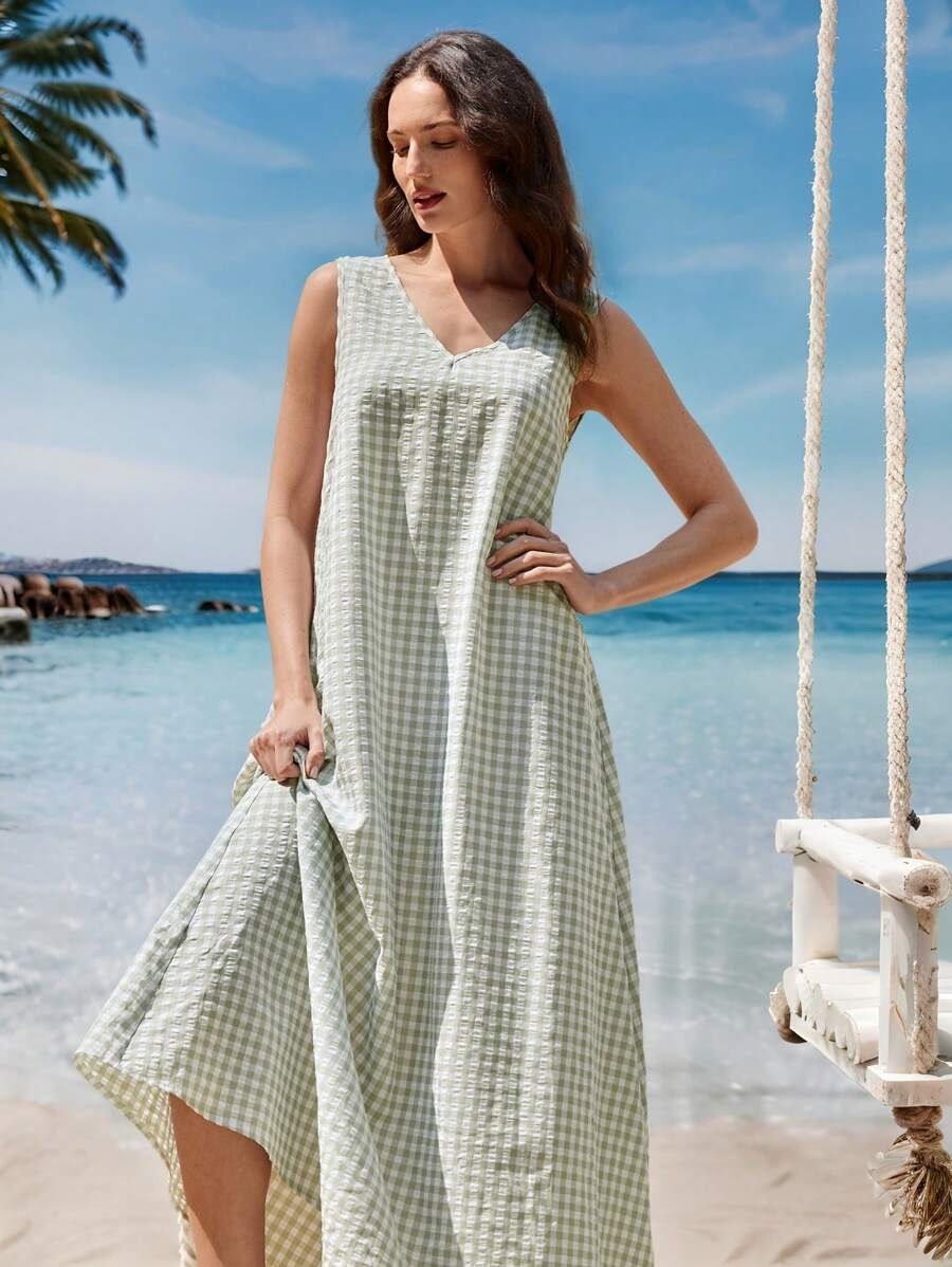 Sage Green Gingham Checkered Sleeveless V-Neck Maxi Dress