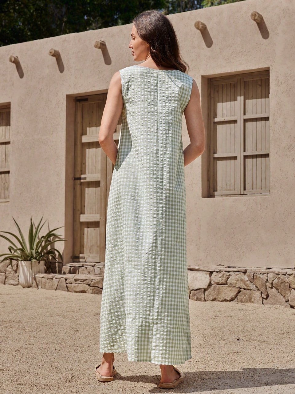 Sage Green Gingham Checkered Sleeveless V-Neck Maxi Dress