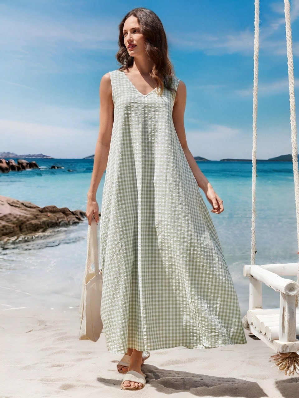Sage Green Gingham Checkered Sleeveless V-Neck Maxi Dress