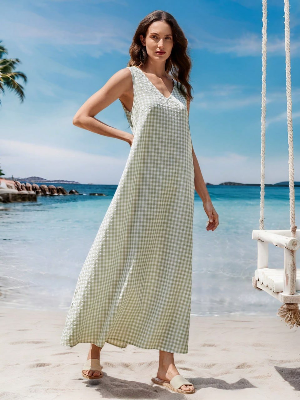 Sage Green Gingham Checkered Sleeveless V-Neck Maxi Dress