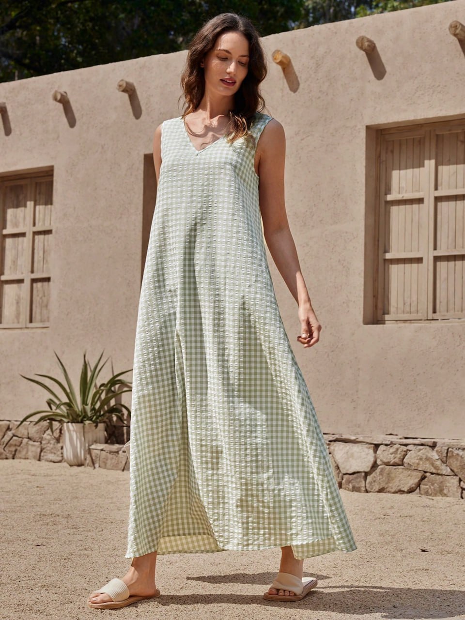 Sage Green Gingham Checkered Sleeveless V-Neck Maxi Dress