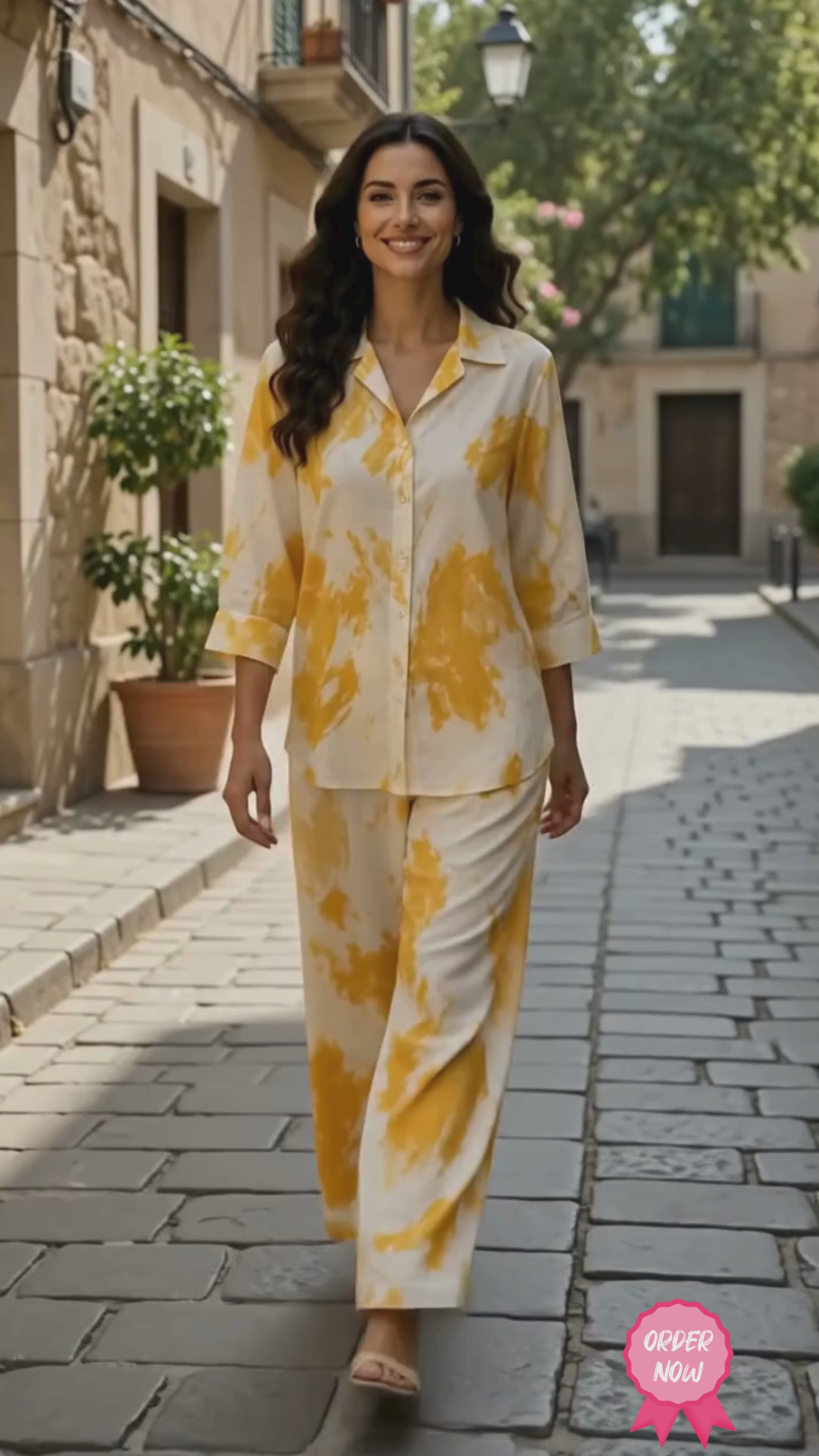 Women Mustard & Cream Printed Shirt with Wide-Leg Palazzo Co-ord Set